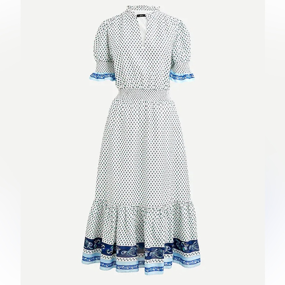 J.Crew Smocked V-Neck Short Sleeve Ruffle Long Dress In Cotton Voile Size 2X
